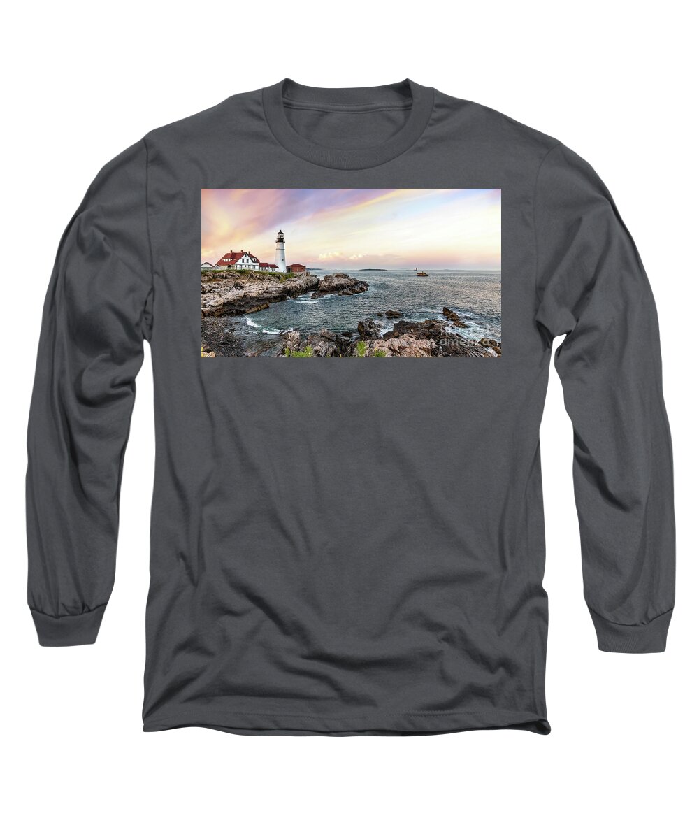 Maine Long Sleeve T-Shirt featuring the photograph Panoramic view of the Portland Head Lighthouse at sunset. Cape Elizabeth, Maine, USA. by Jane Rix