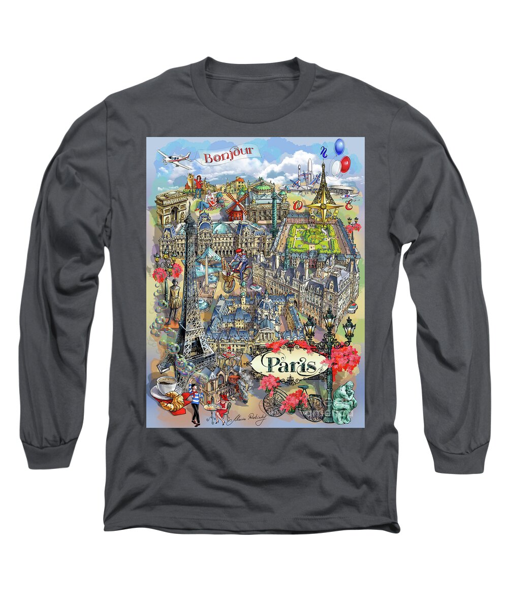 Paris Long Sleeve T-Shirt featuring the digital art Paris Theme - I by Maria Rabinky
