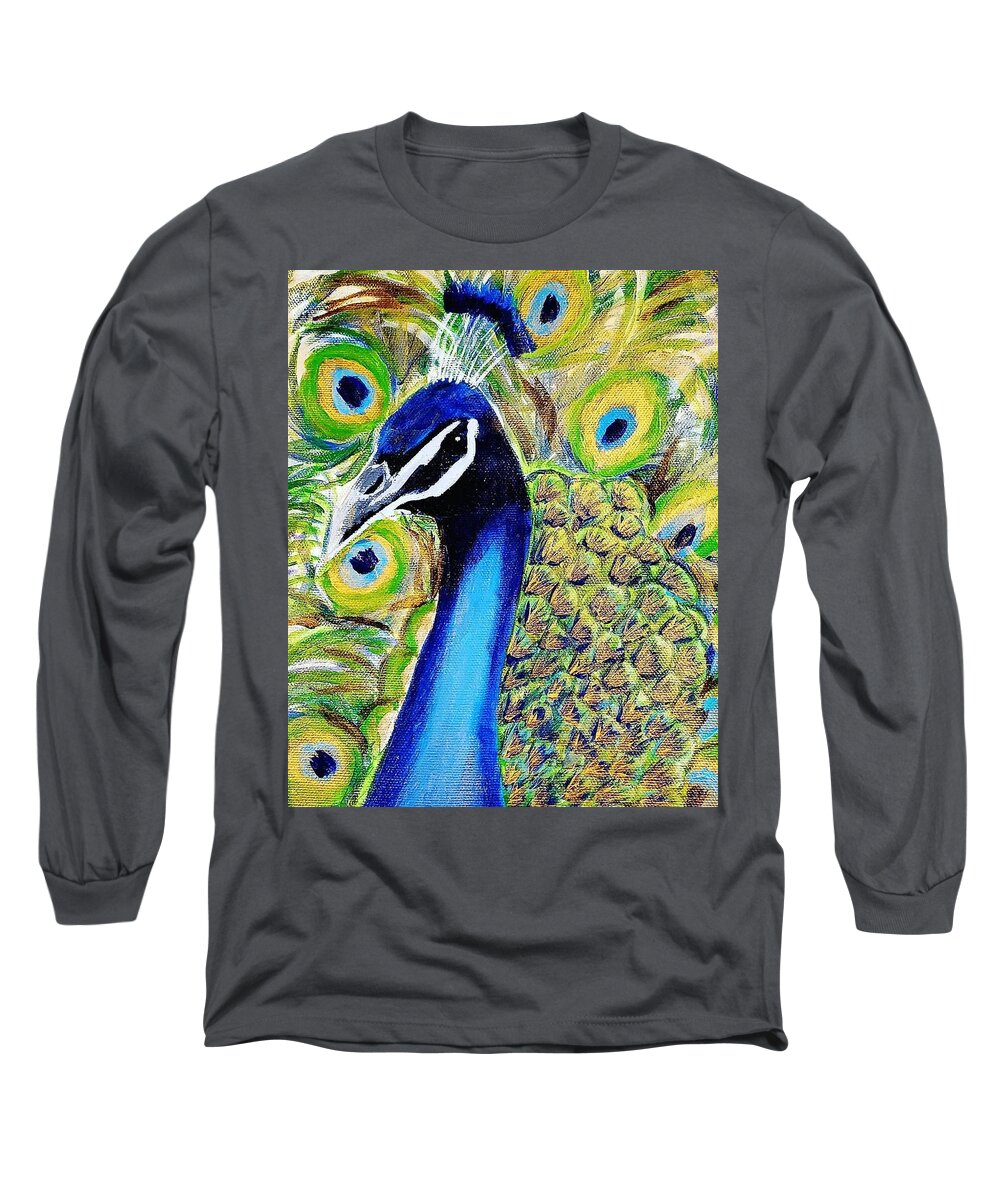 Peacock Long Sleeve T-Shirt featuring the painting Peacock by Amy Kuenzie