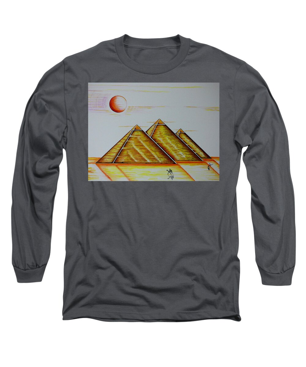 Pyramid Long Sleeve T-Shirt featuring the mixed media Pharaoh's Moon by Kem Himelright