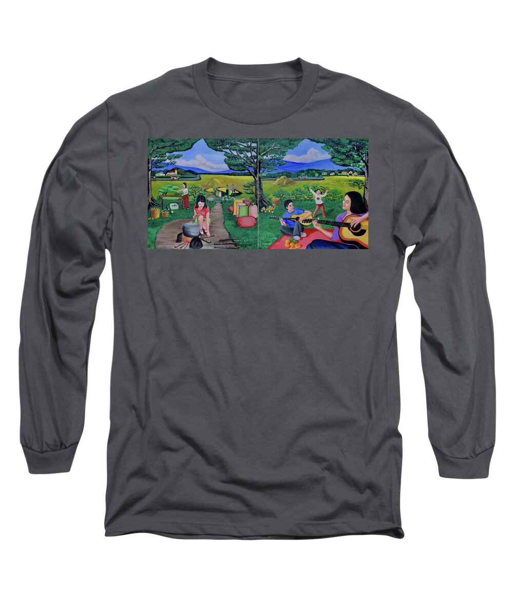 All Products Long Sleeve T-Shirt featuring the painting Picnic with the Farmers and Playing Melodies under the Shade of Trees by Lorna Maza