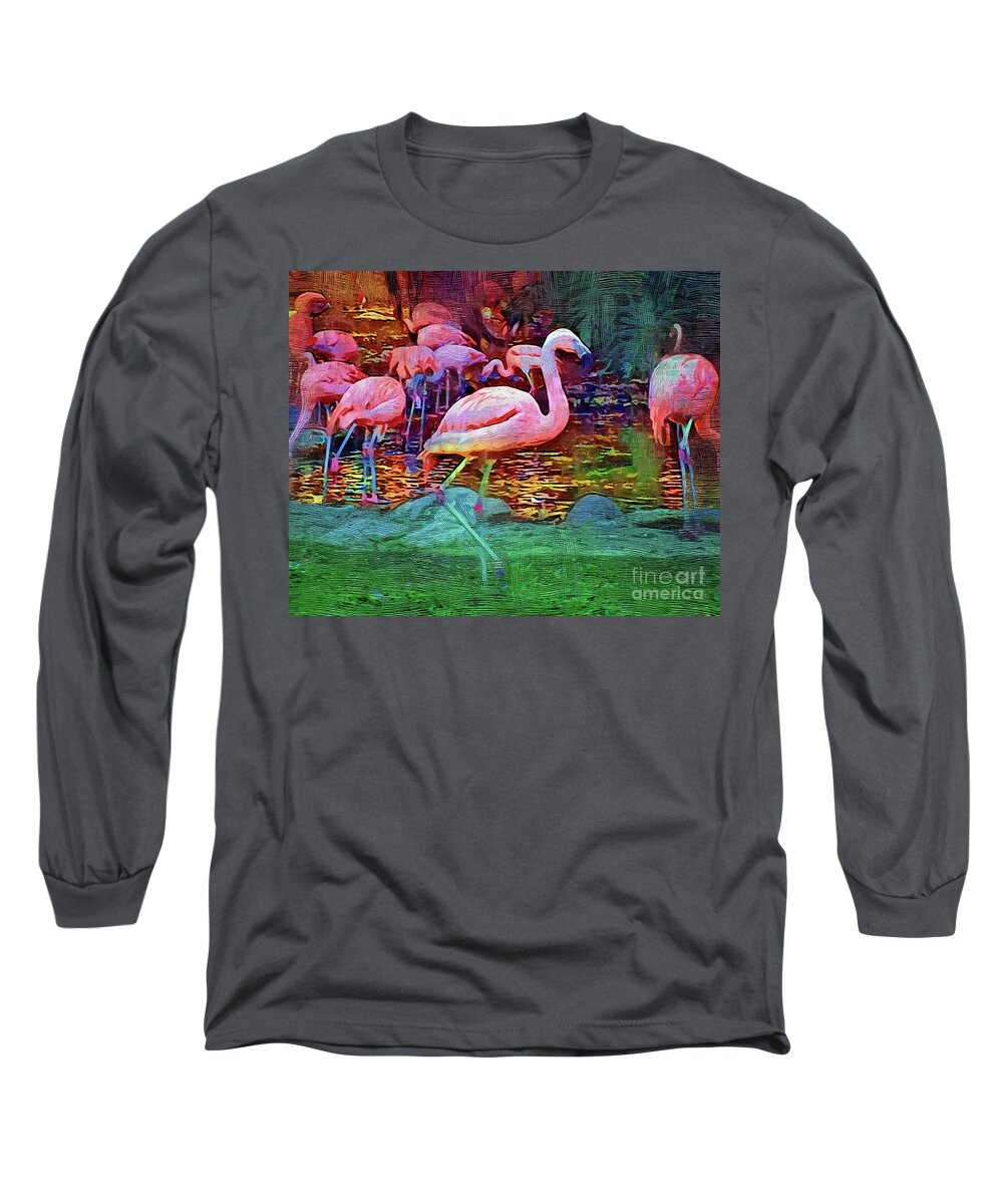 Flamingo Long Sleeve T-Shirt featuring the digital art Pink Flamingos by Kirt Tisdale