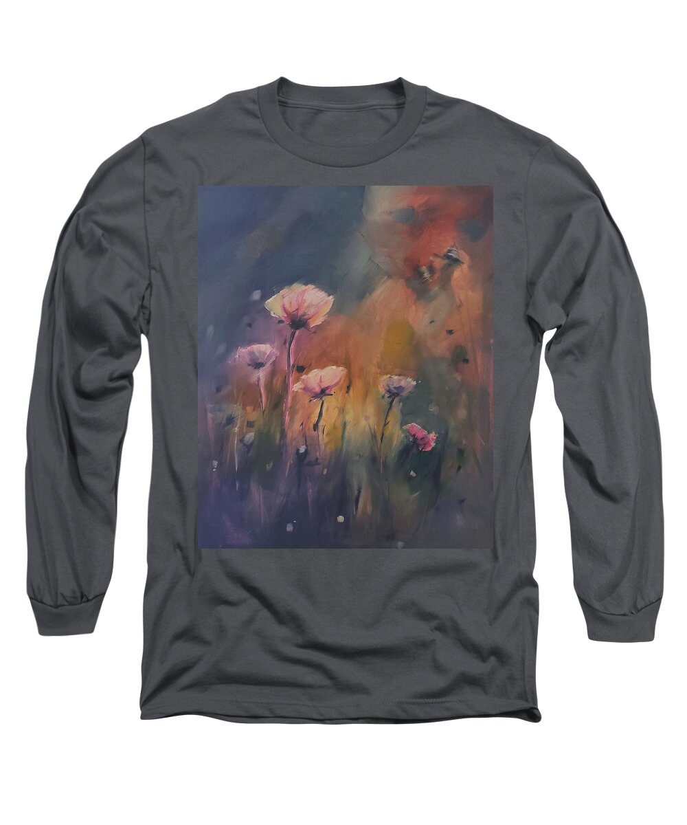 Landscape Long Sleeve T-Shirt featuring the painting Pink Poppies by Sheila Romard
