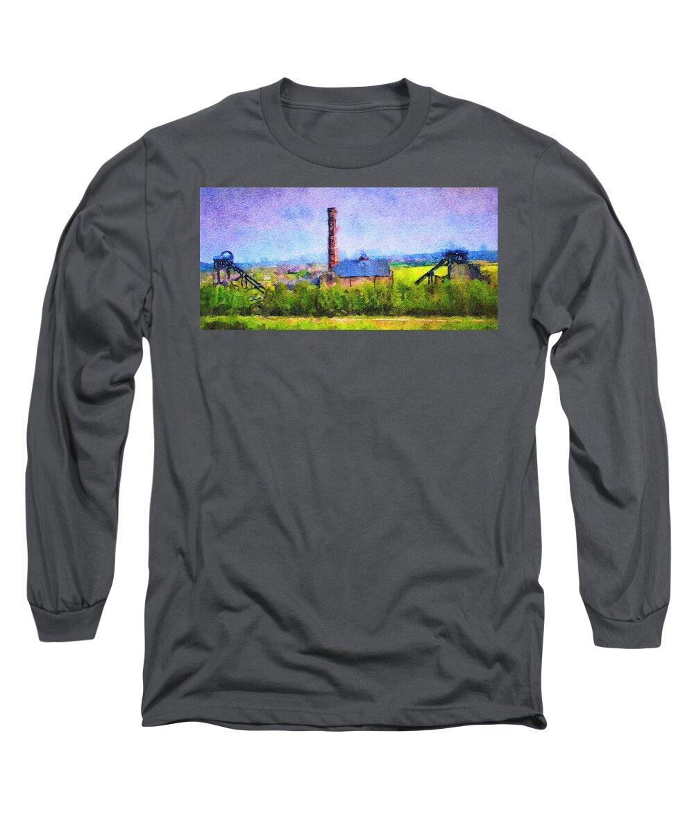 Pleasley Long Sleeve T-Shirt featuring the mixed media Pleasley Pit by Ann Leech