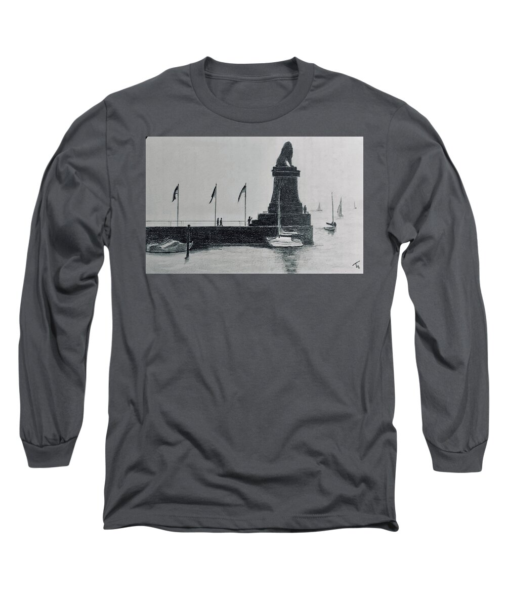 Bodensee Long Sleeve T-Shirt featuring the drawing Port of Bodensee by Tracy Hutchinson