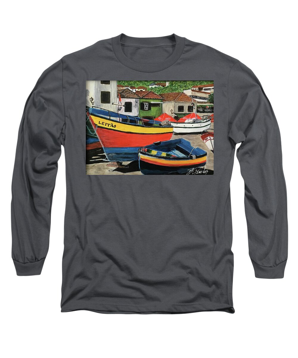Portugul Long Sleeve T-Shirt featuring the painting Portuguese Fishing Boats by Bonnie Peacher