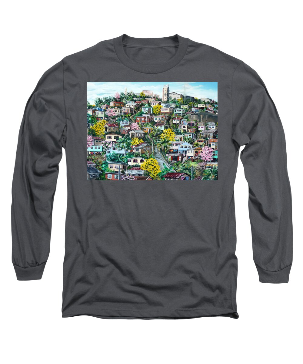  Landscape Painting Cityscape Painting Original Oil Painting  Blossoming Poui Tree Painting Lavantille Hill Trinidad And Tobago Painting Caribbean Painting Tropical Painting Long Sleeve T-Shirt featuring the painting Poui On The Hill by Karin Dawn Kelshall- Best