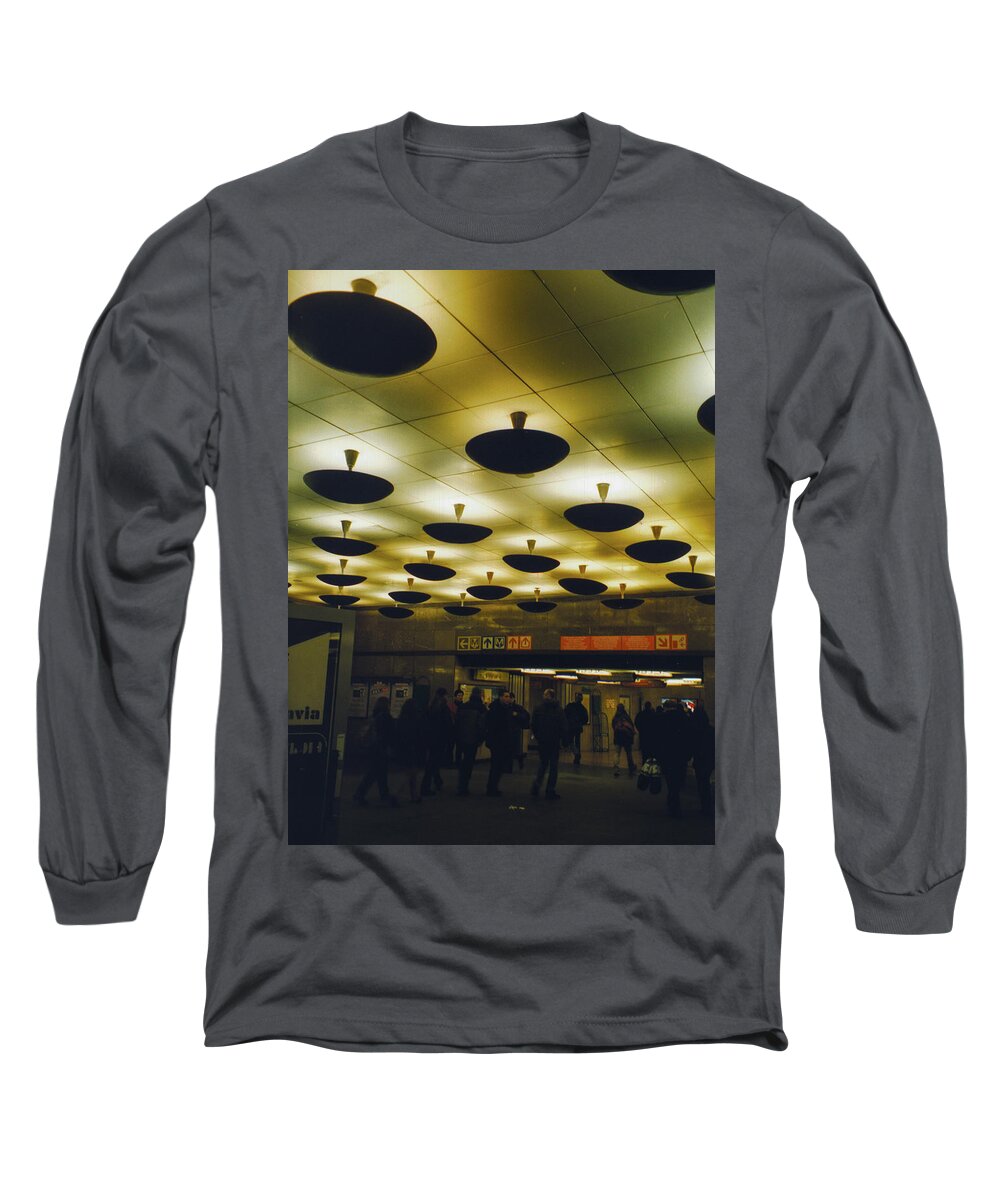 Flying Long Sleeve T-Shirt featuring the photograph Prague Subway with Flying Saucer Lighting by Matthew Bamberg