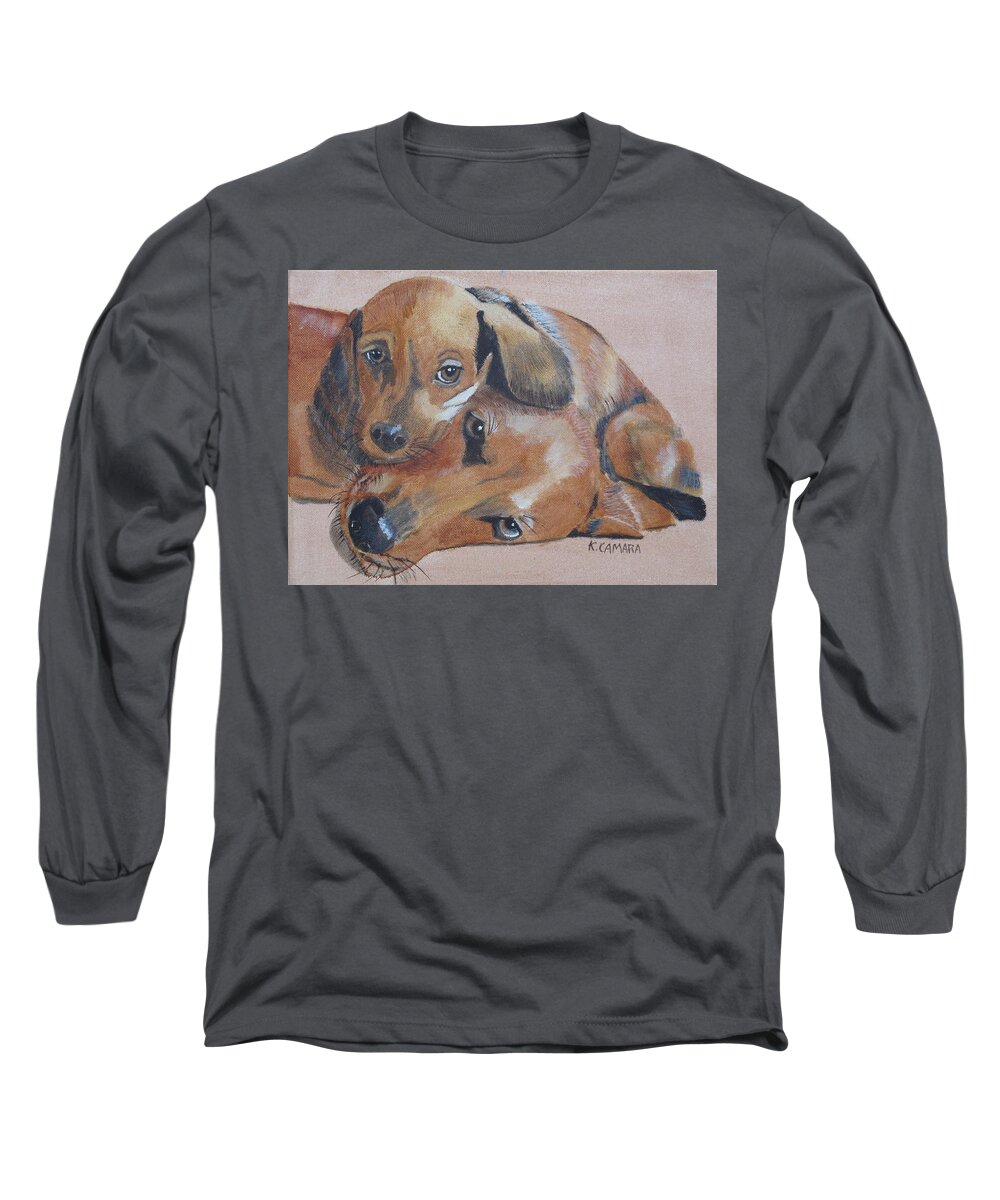 Pets Long Sleeve T-Shirt featuring the painting Puppies Cuddling by Kathie Camara