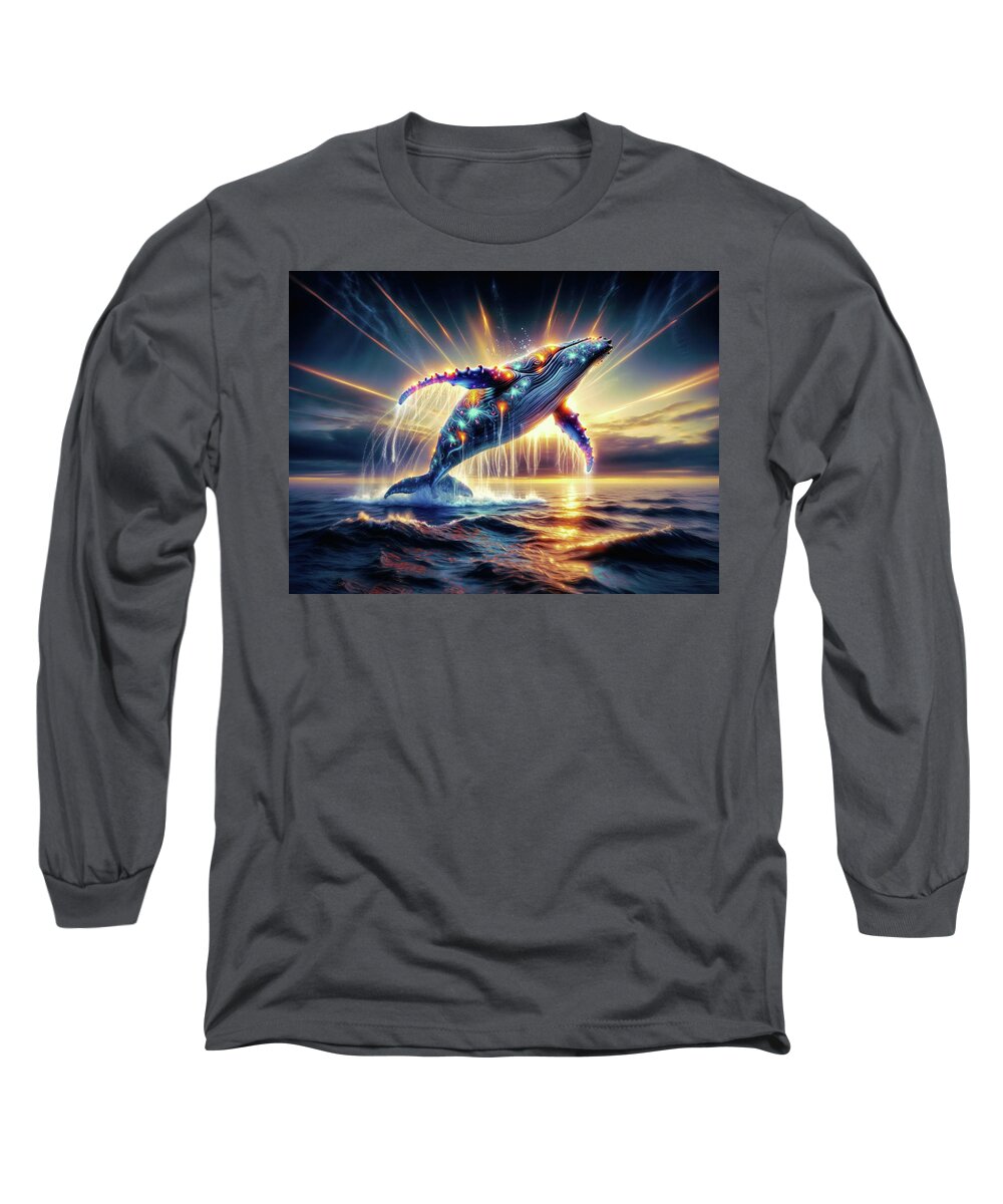 Quantum Leap Long Sleeve T-Shirt featuring the digital art Quantum Leap of the Neon Whale by Bill And Linda Tiepelman