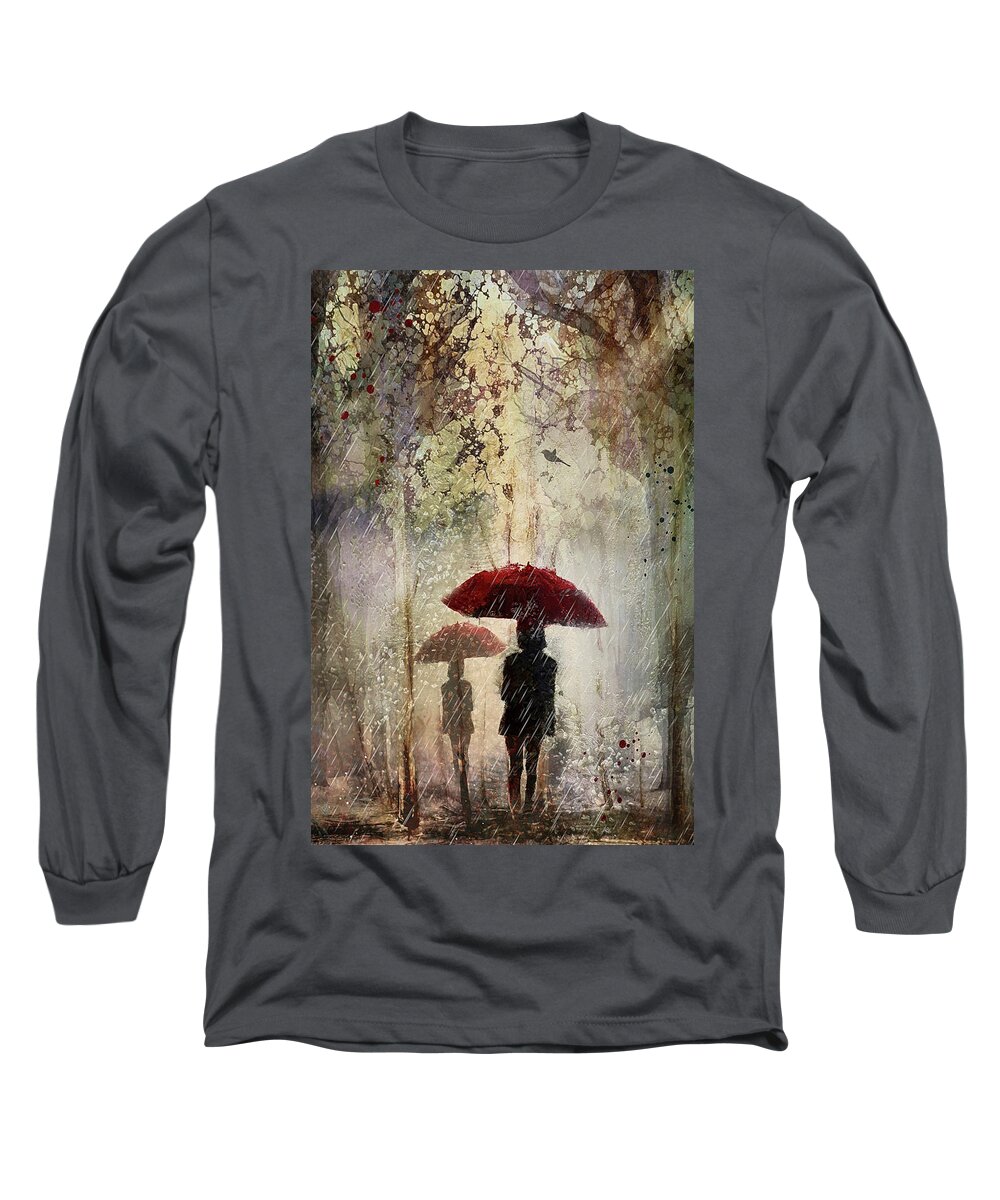 Rain Long Sleeve T-Shirt featuring the digital art Rain in the park by Maggy Pease