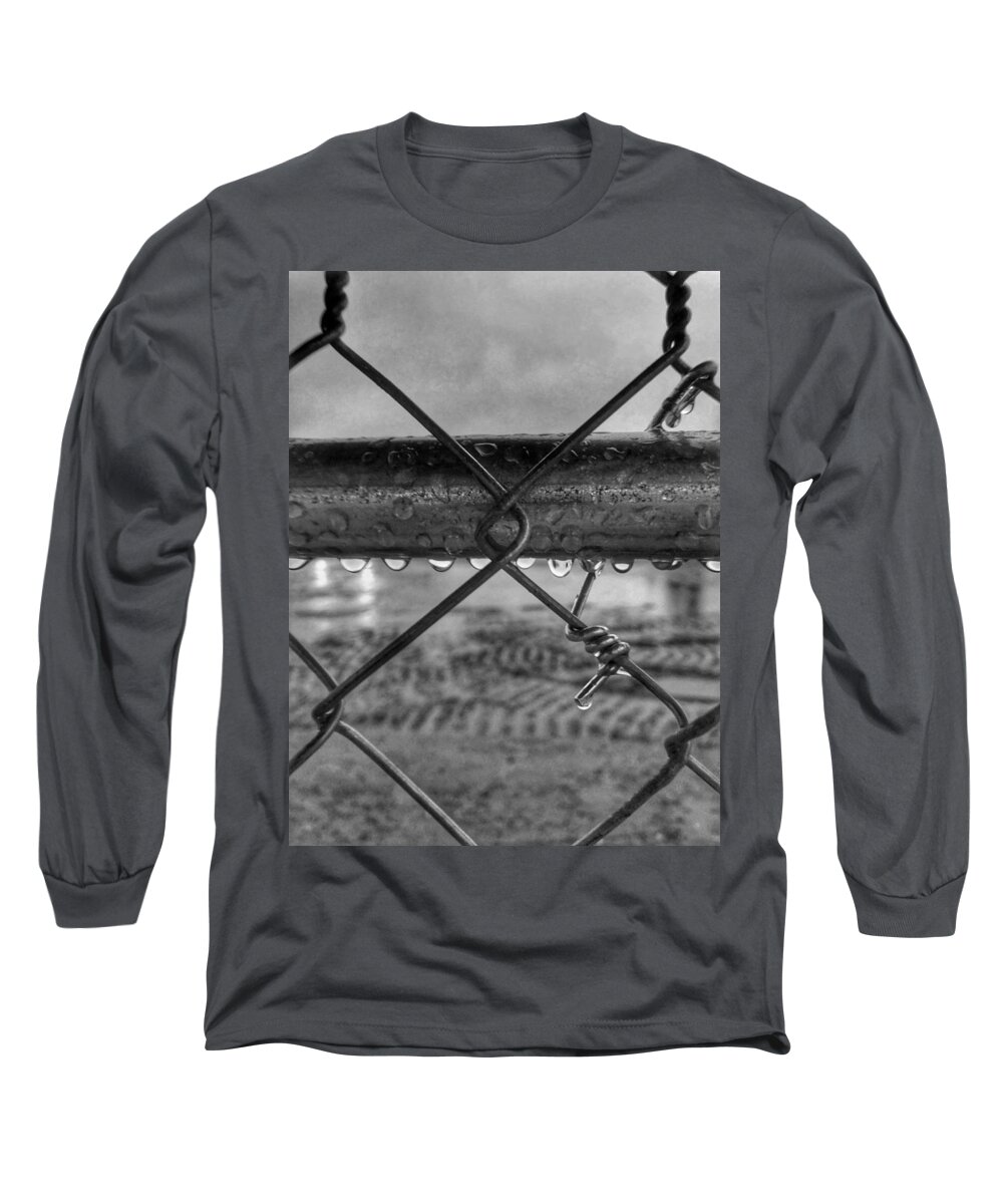 Landscape Long Sleeve T-Shirt featuring the photograph Raindrops on Fence in Black and White by Michael Dean Shelton