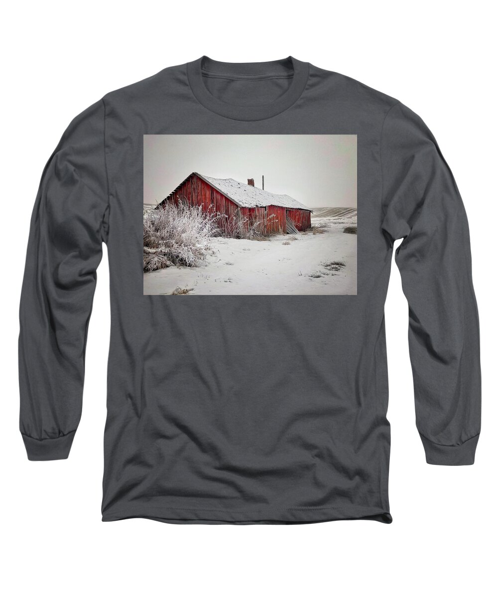 Abandoned Long Sleeve T-Shirt featuring the photograph Red Barn in the Snow by Jerry Abbott