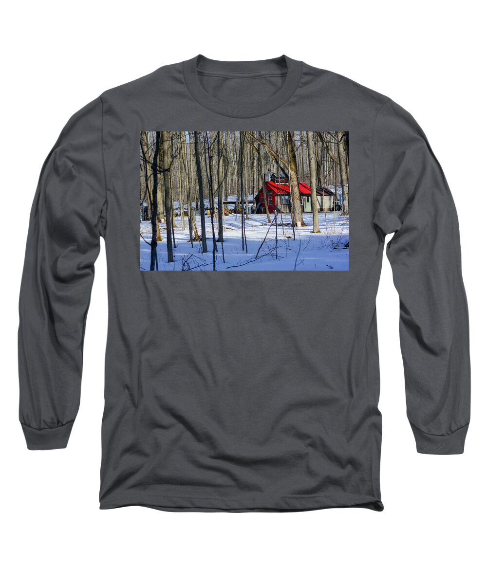 Red Long Sleeve T-Shirt featuring the photograph Red Cabin in the Woods by James Canning