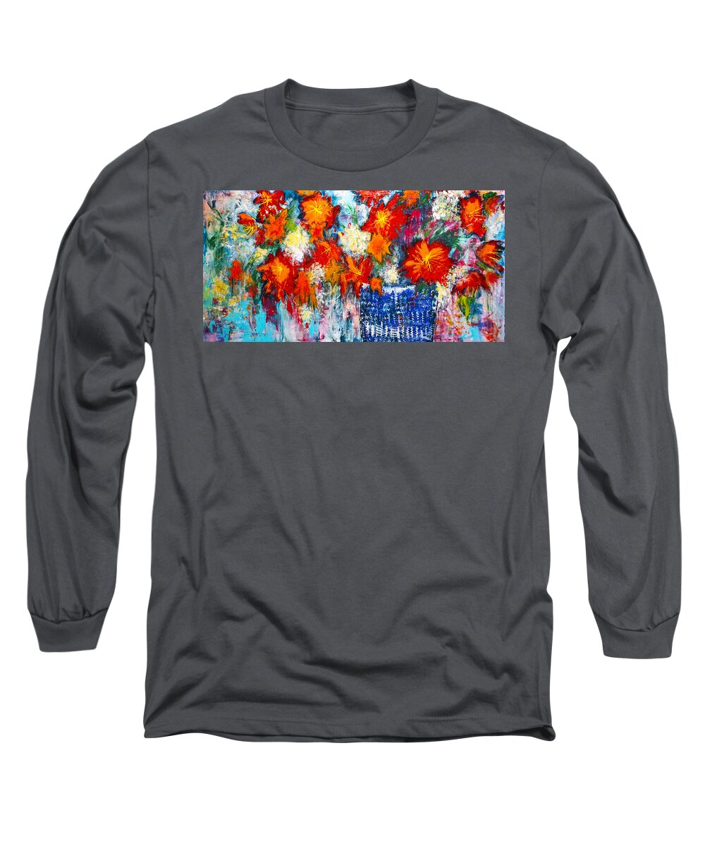 Landscape Long Sleeve T-Shirt featuring the painting Red Day-lilies in Bloom by Joanne Herrmann