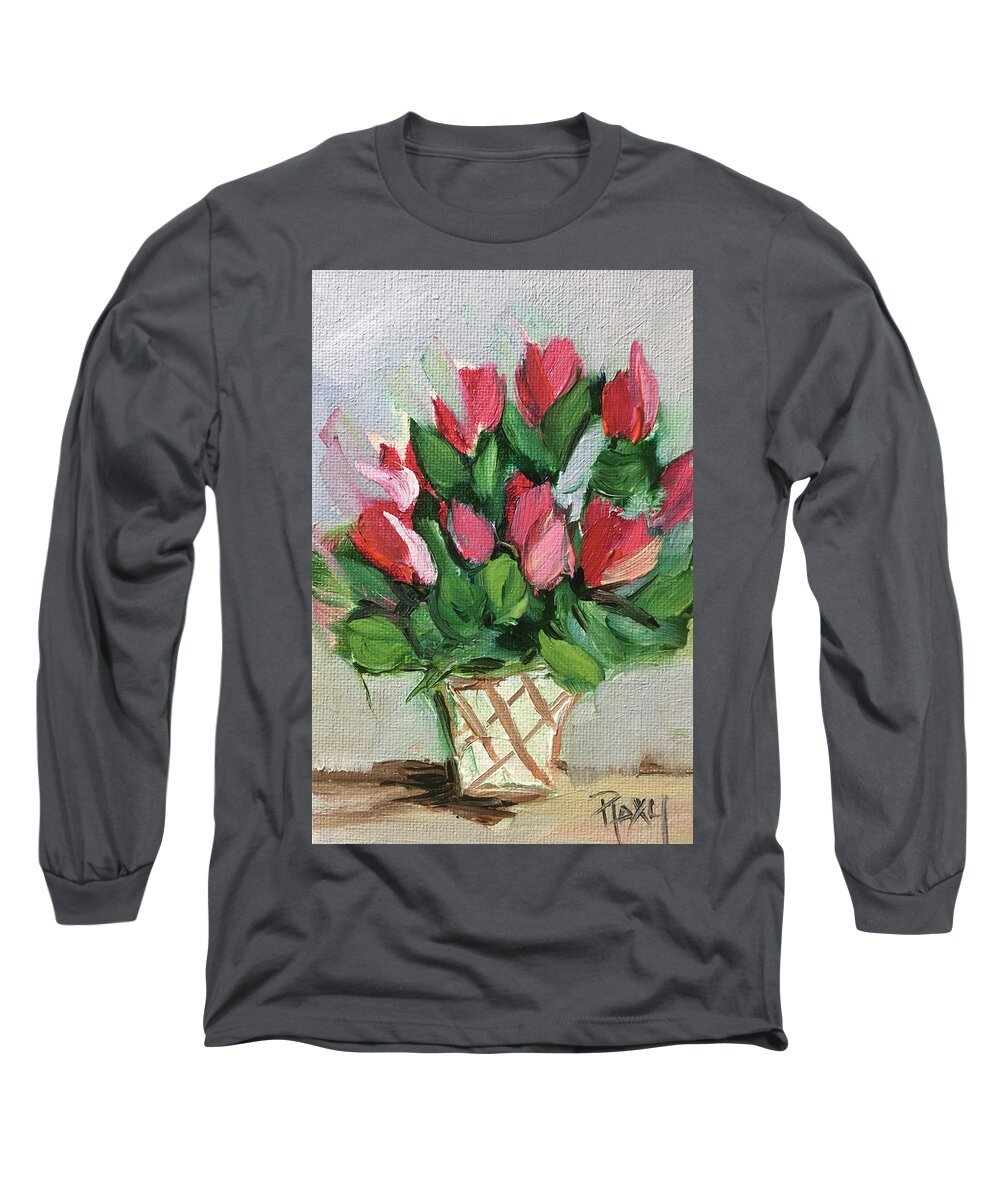 Flowers Long Sleeve T-Shirt featuring the painting Red Flowers in a White Basket by Roxy Rich