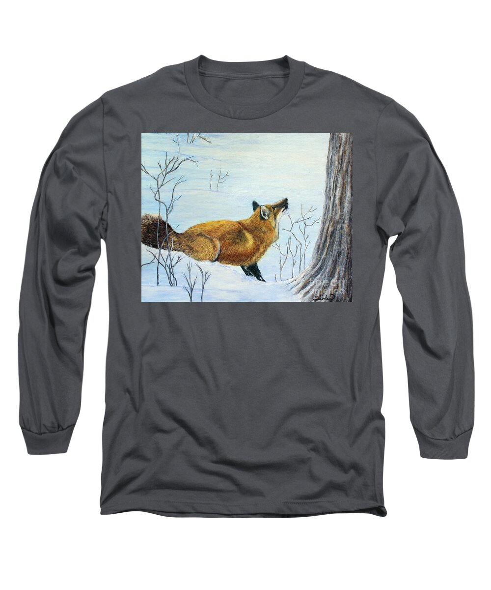 Fox Long Sleeve T-Shirt featuring the painting Red Fox in the Snow by Shirley Dutchkowski