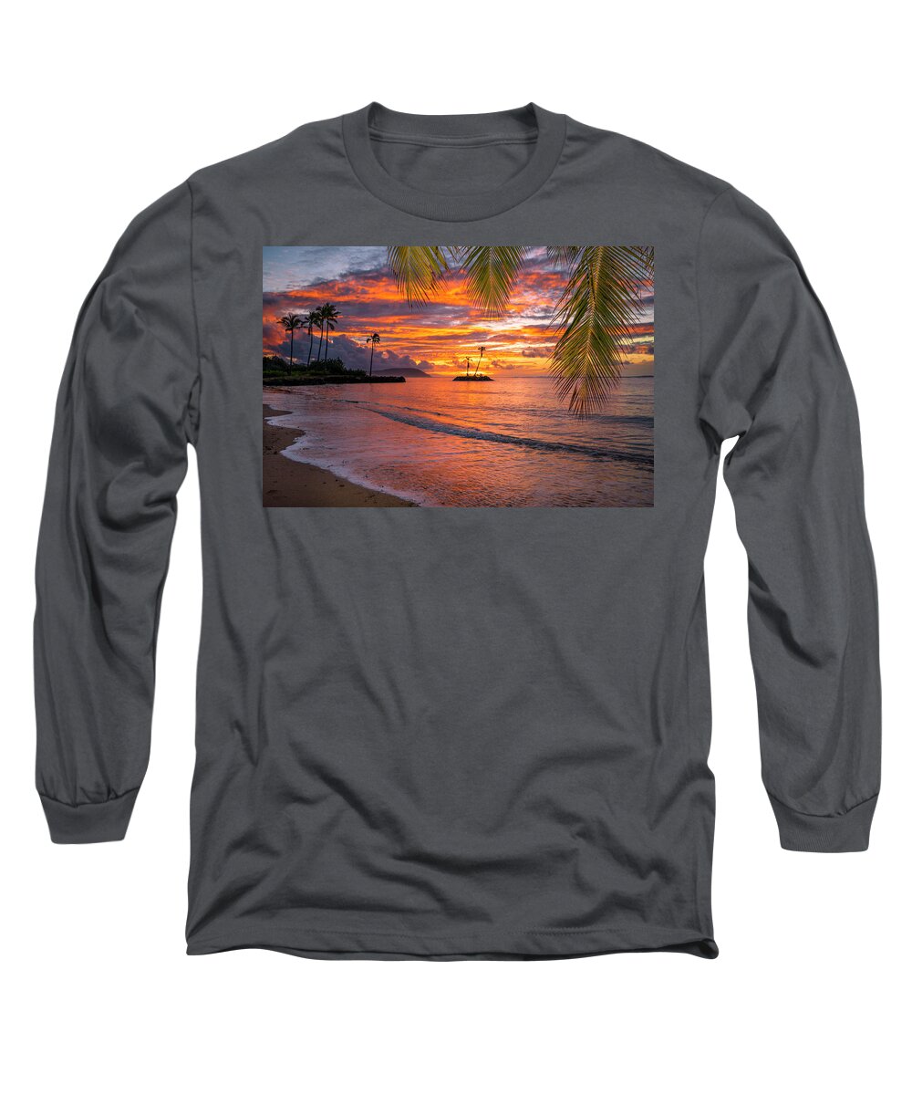 Red Morning Hawaii Sunrise Oahu Palm Tree Long Sleeve T-Shirt featuring the photograph Red Morning Hawaii by Leonardo Dale
