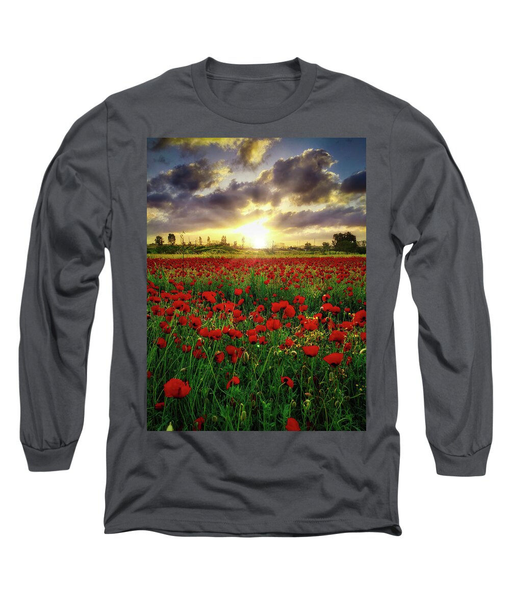 Poppies Long Sleeve T-Shirt featuring the photograph Field of poppies at sunrise by Meir Ezrachi