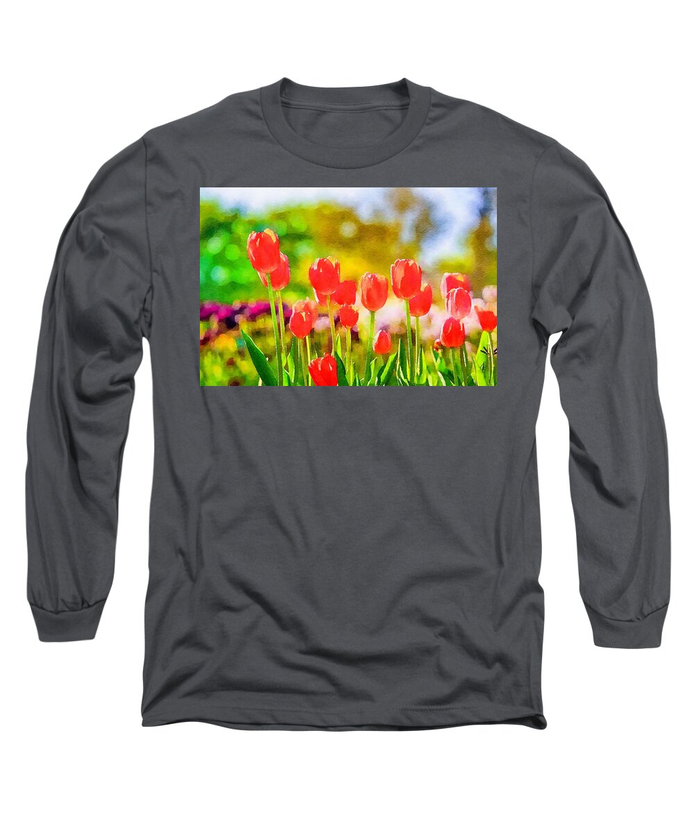 Tulips Long Sleeve T-Shirt featuring the photograph Red Tulips Watercolor by Susan Rydberg