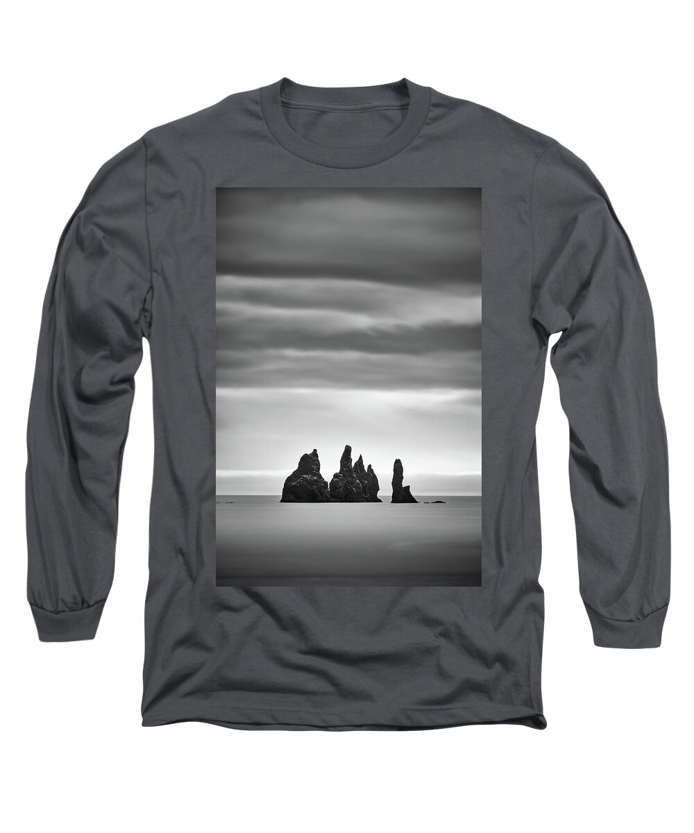 Reynisdrangar Long Sleeve T-Shirt featuring the photograph Reynisdrangar Basalt Sea Stacks in Iceland in Black and White by Alexios Ntounas