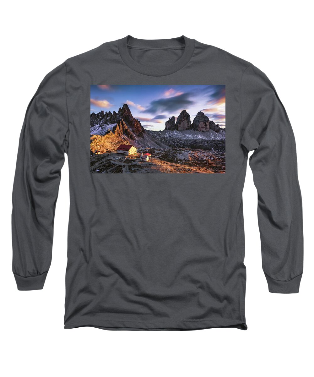 Dolomites Long Sleeve T-Shirt featuring the photograph Rifugio Locatelli by Elias Pentikis