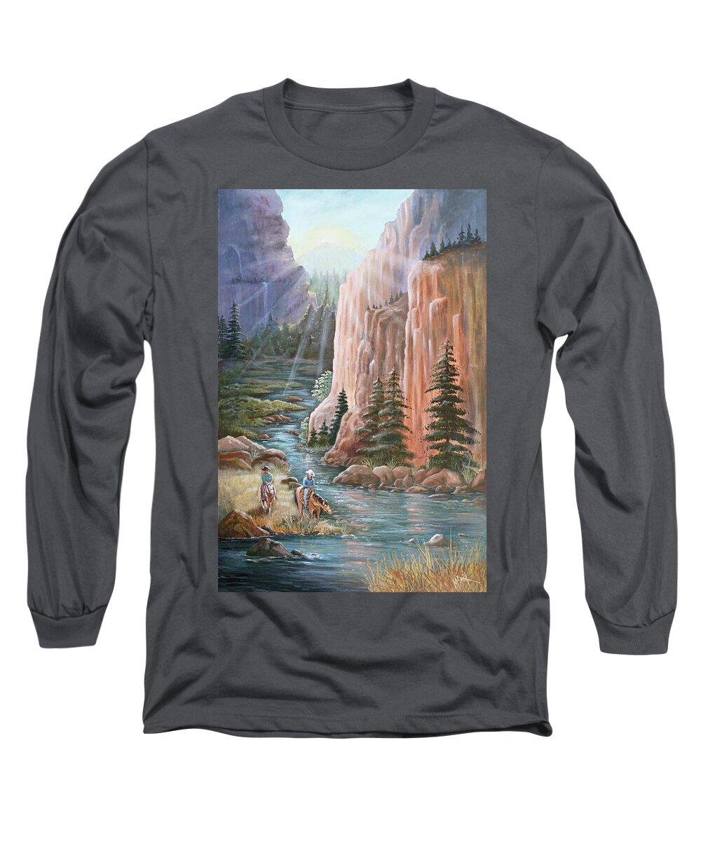Sunrise Long Sleeve T-Shirt featuring the painting Rim Canyon Ride by Marilyn Smith