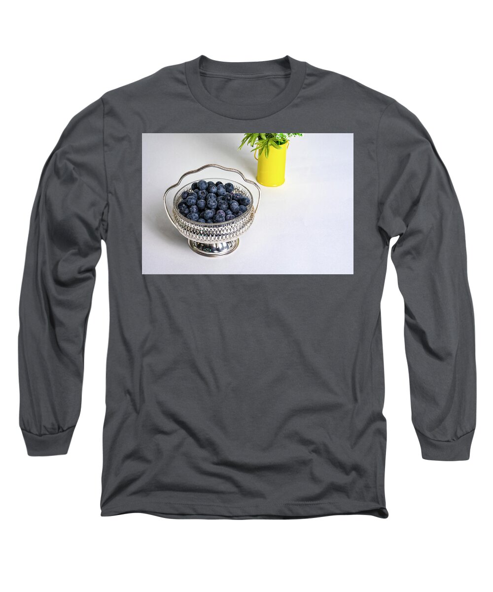 Tabletop Long Sleeve T-Shirt featuring the photograph Ripe Blueberries in Silver Bowl by Charles Floyd