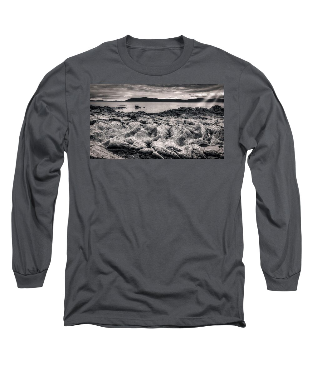 Monochrome Long Sleeve T-Shirt featuring the photograph Rocky dune beach by Bradley Morris