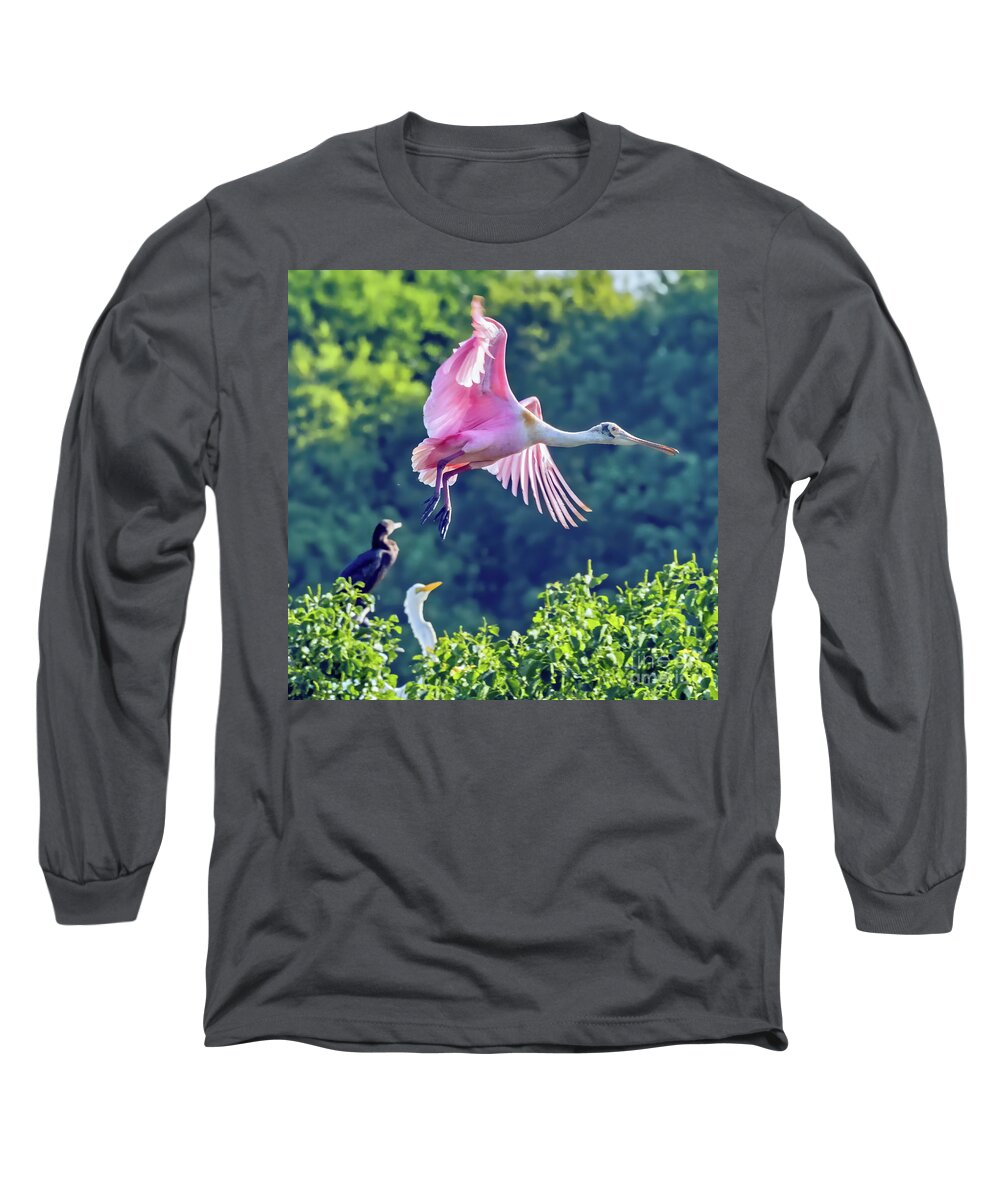 Bird Long Sleeve T-Shirt featuring the photograph Roseate Spoonbill in Flight by Tom Watkins PVminer pixs