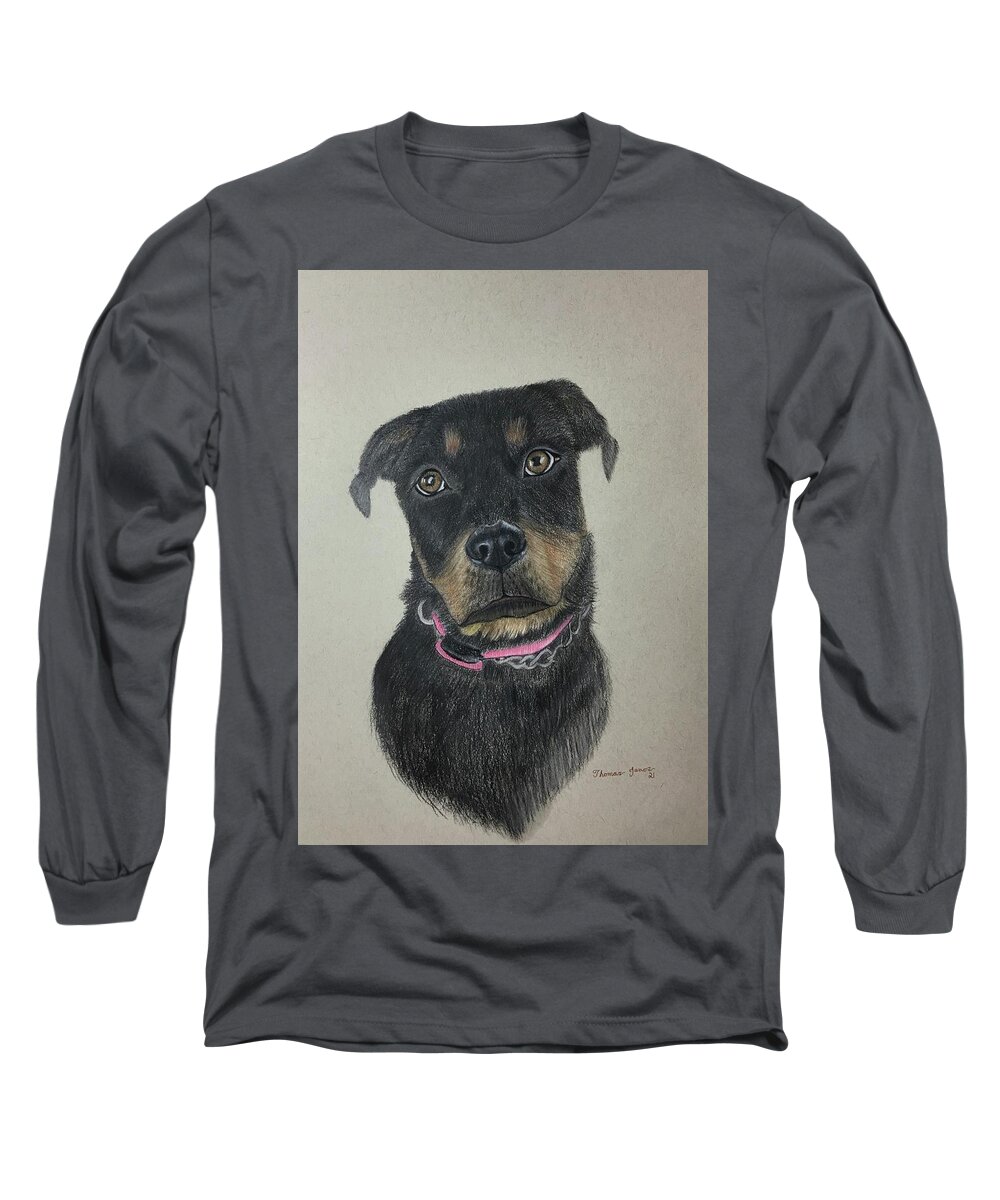 Rottweiler Long Sleeve T-Shirt featuring the drawing Rottweiler by Thomas Janos