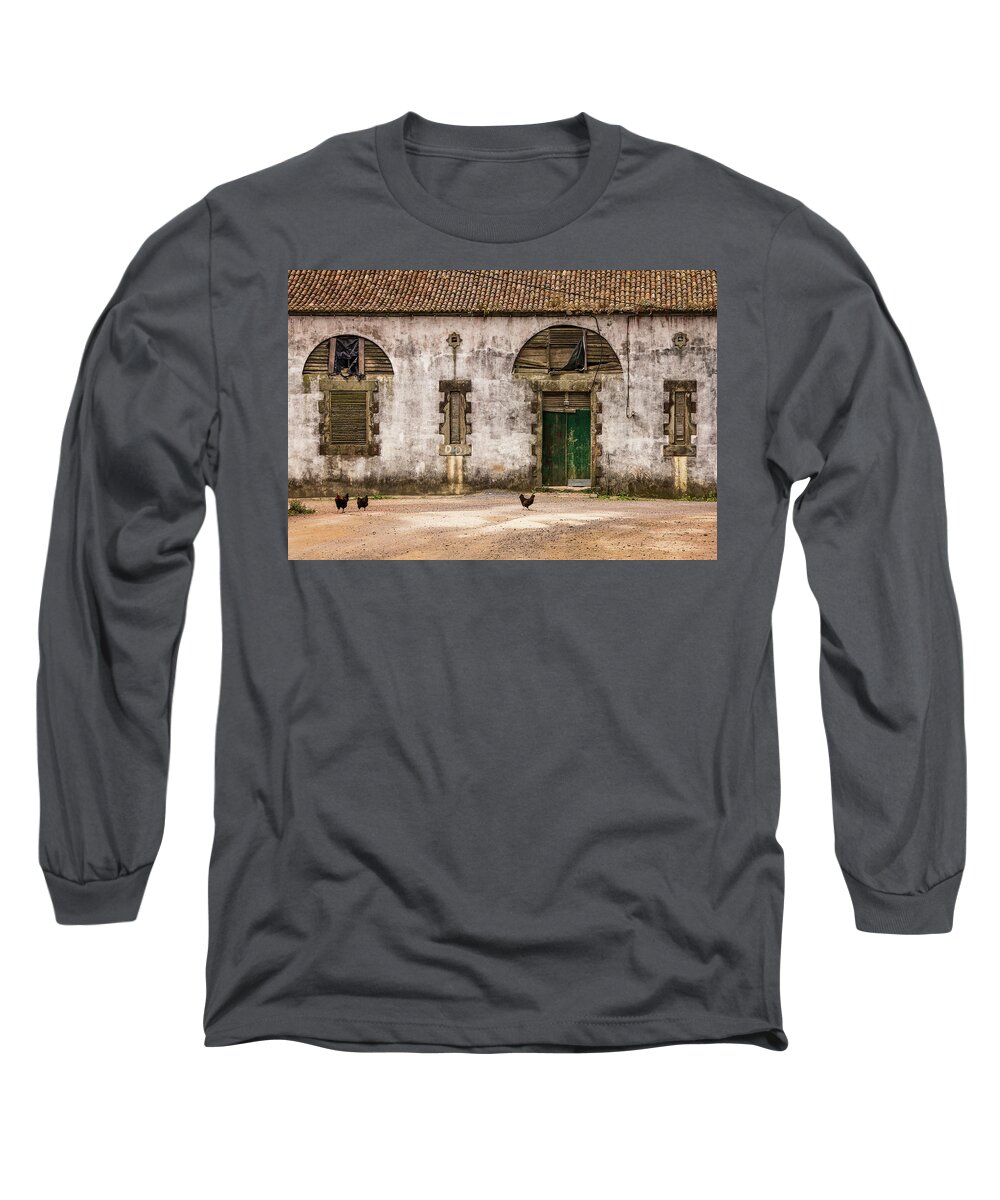 Rustic Long Sleeve T-Shirt featuring the photograph Rustic Building with Chickens by Denise Kopko