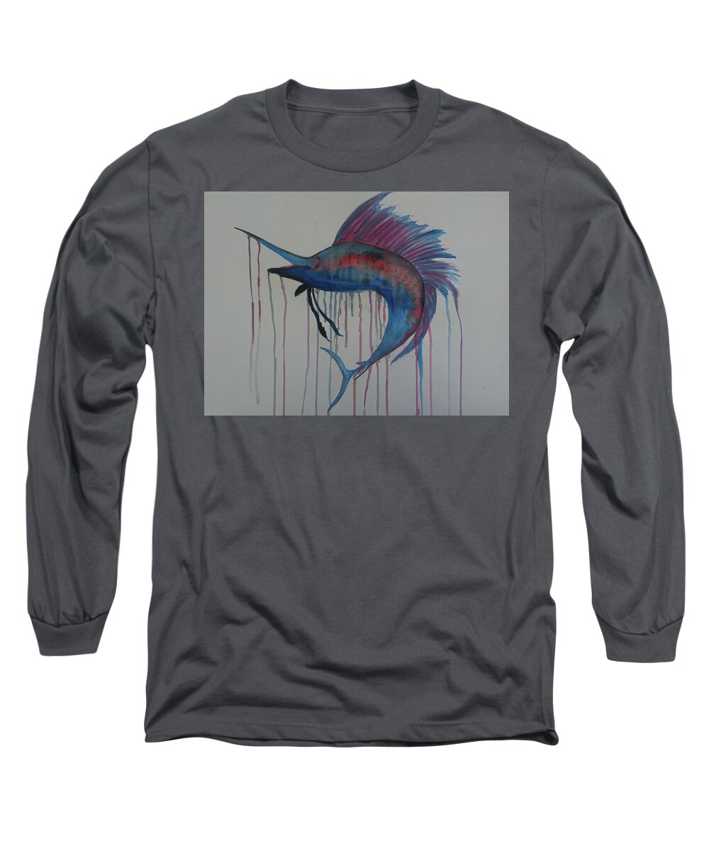 Watercolour Long Sleeve T-Shirt featuring the painting Sailfish by Faa shie