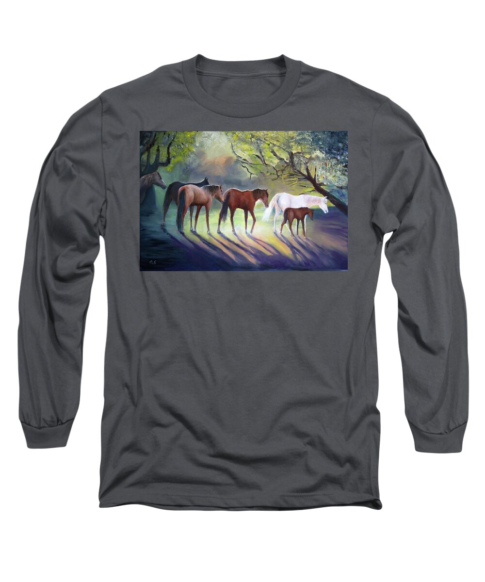 Purple Long Sleeve T-Shirt featuring the painting Salt River Mustangs by Evelyn Snyder