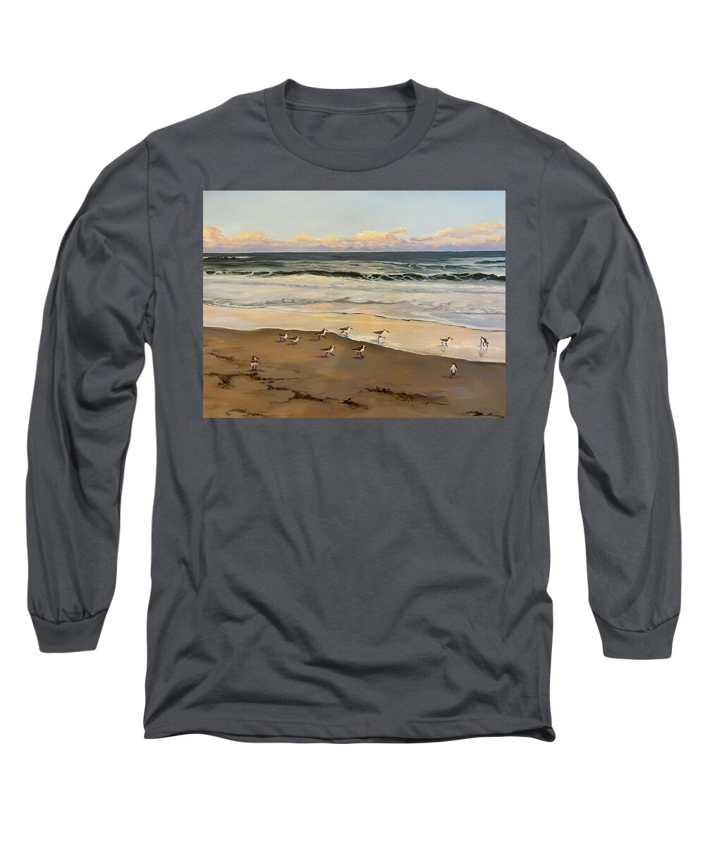 Ocean Long Sleeve T-Shirt featuring the painting Sandpipers Running in the Surf by Judy Rixom