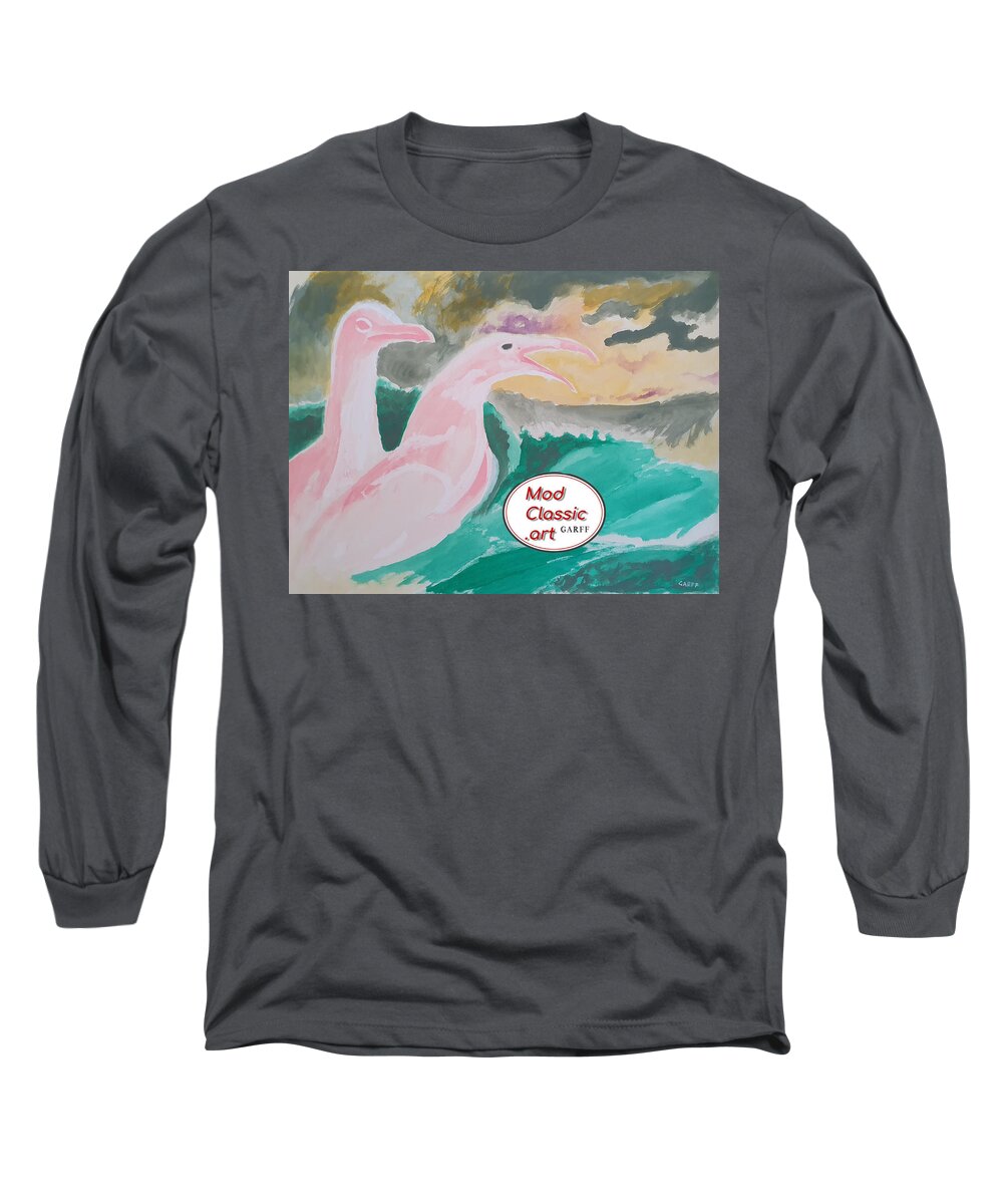 Seagulls Long Sleeve T-Shirt featuring the painting Sea Gulls with Waves ModClassic Art by Enrico Garff