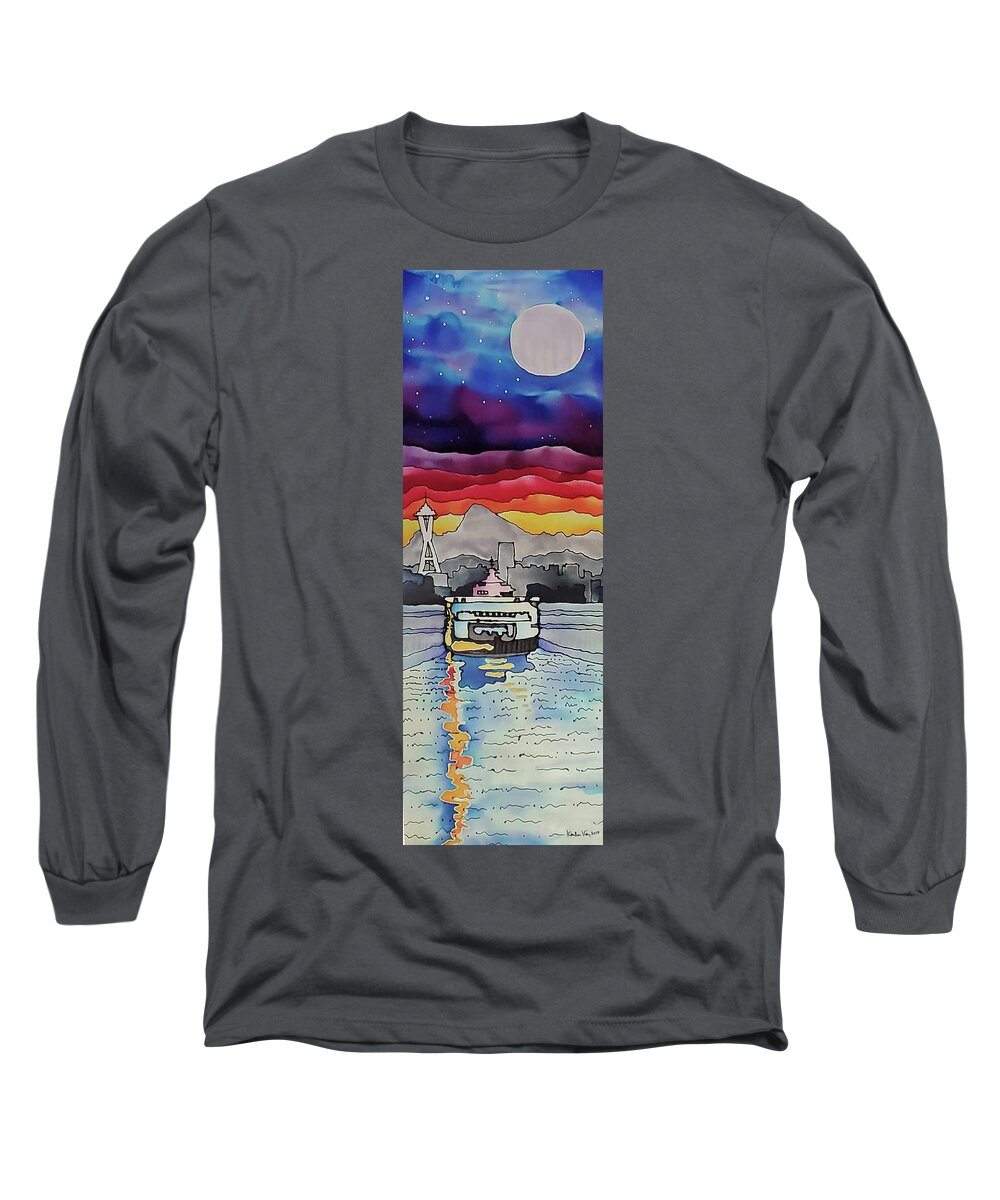 Seattle Ferry Long Sleeve T-Shirt featuring the tapestry - textile Seattle Ferry by Karla Kay Benjamin