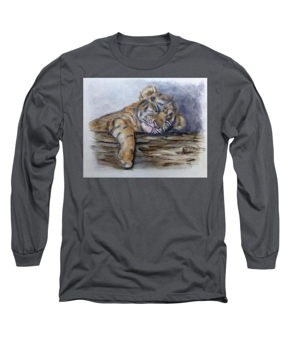 Tiger Cub Long Sleeve T-Shirt featuring the painting Shhh Tiger Cub is Sleeping by Kelly Mills