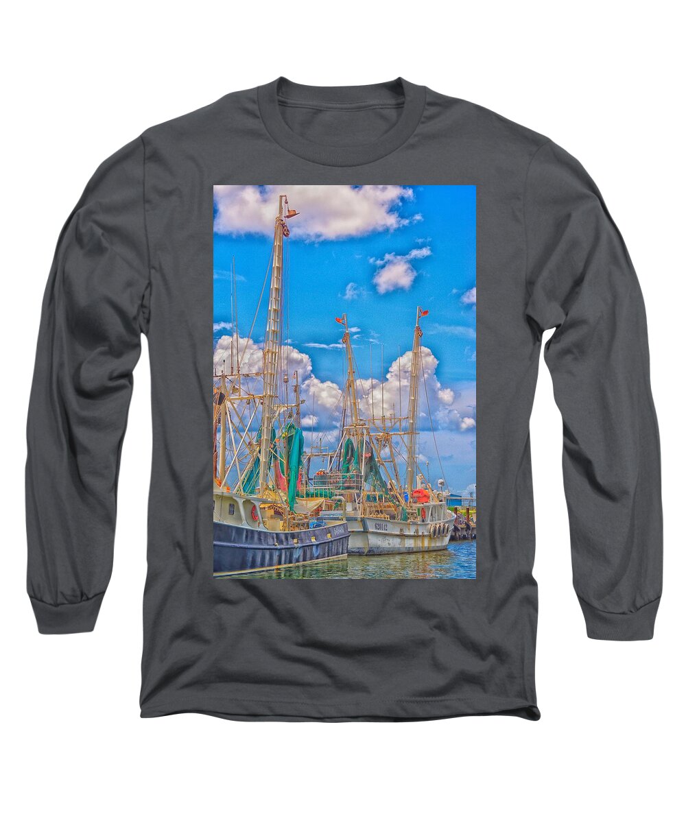 Shrimp Boat Long Sleeve T-Shirt featuring the photograph Shrimp is Here by Alison Belsan Horton
