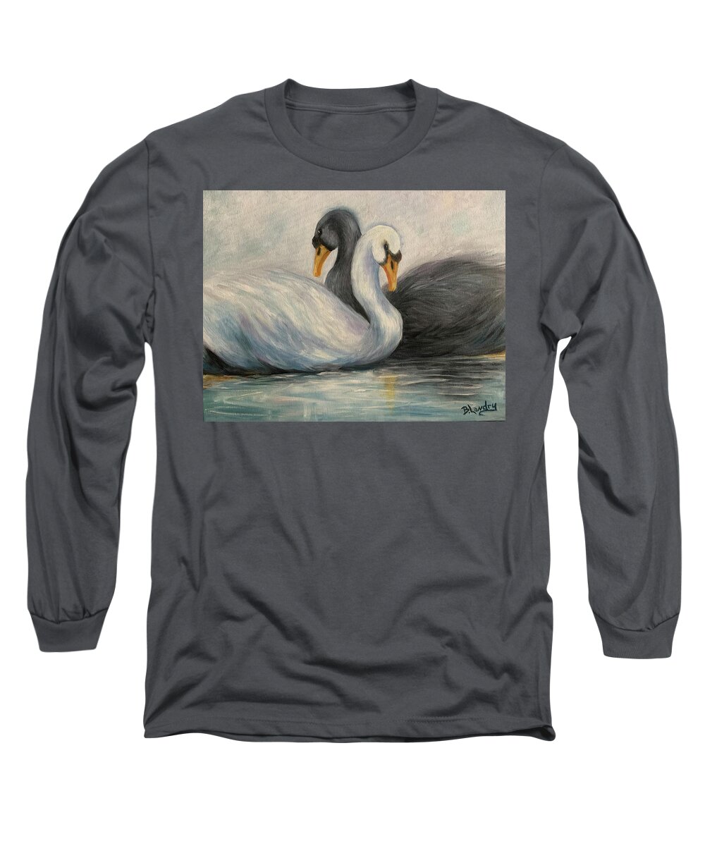 Swans Long Sleeve T-Shirt featuring the painting Side by Side by Barbara Landry