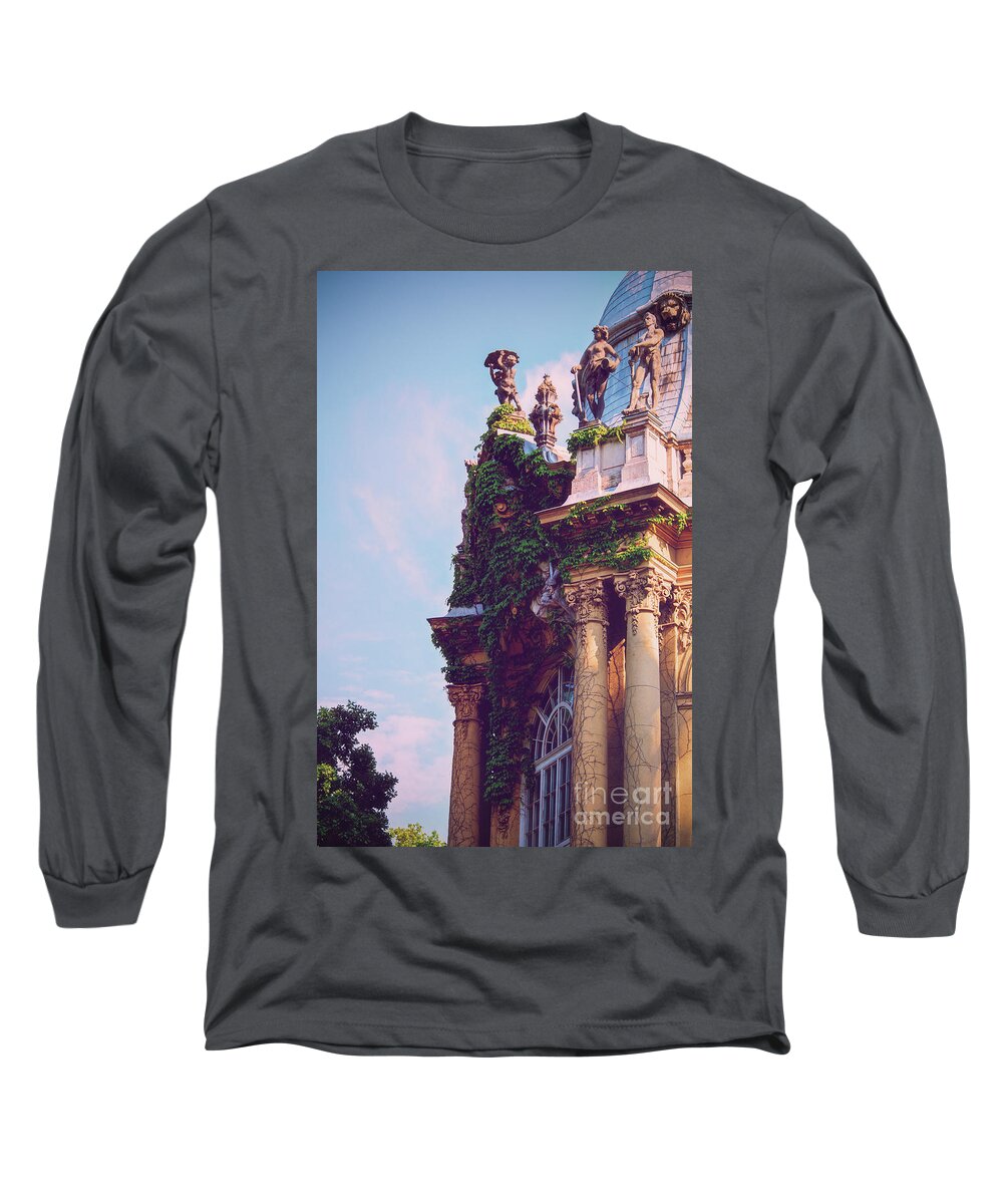 Castle Long Sleeve T-Shirt featuring the photograph Side view of the pillars and sculptures of Vajdahunyad Castle by Mendelex Photography