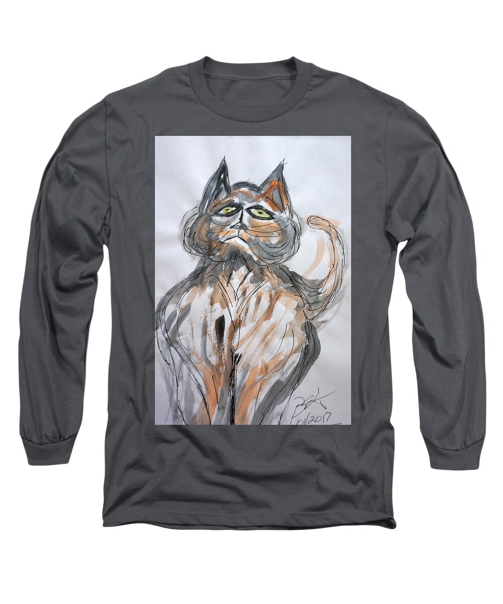 Cat Long Sleeve T-Shirt featuring the mixed media Singing The Cat Blues by Brent Knippel