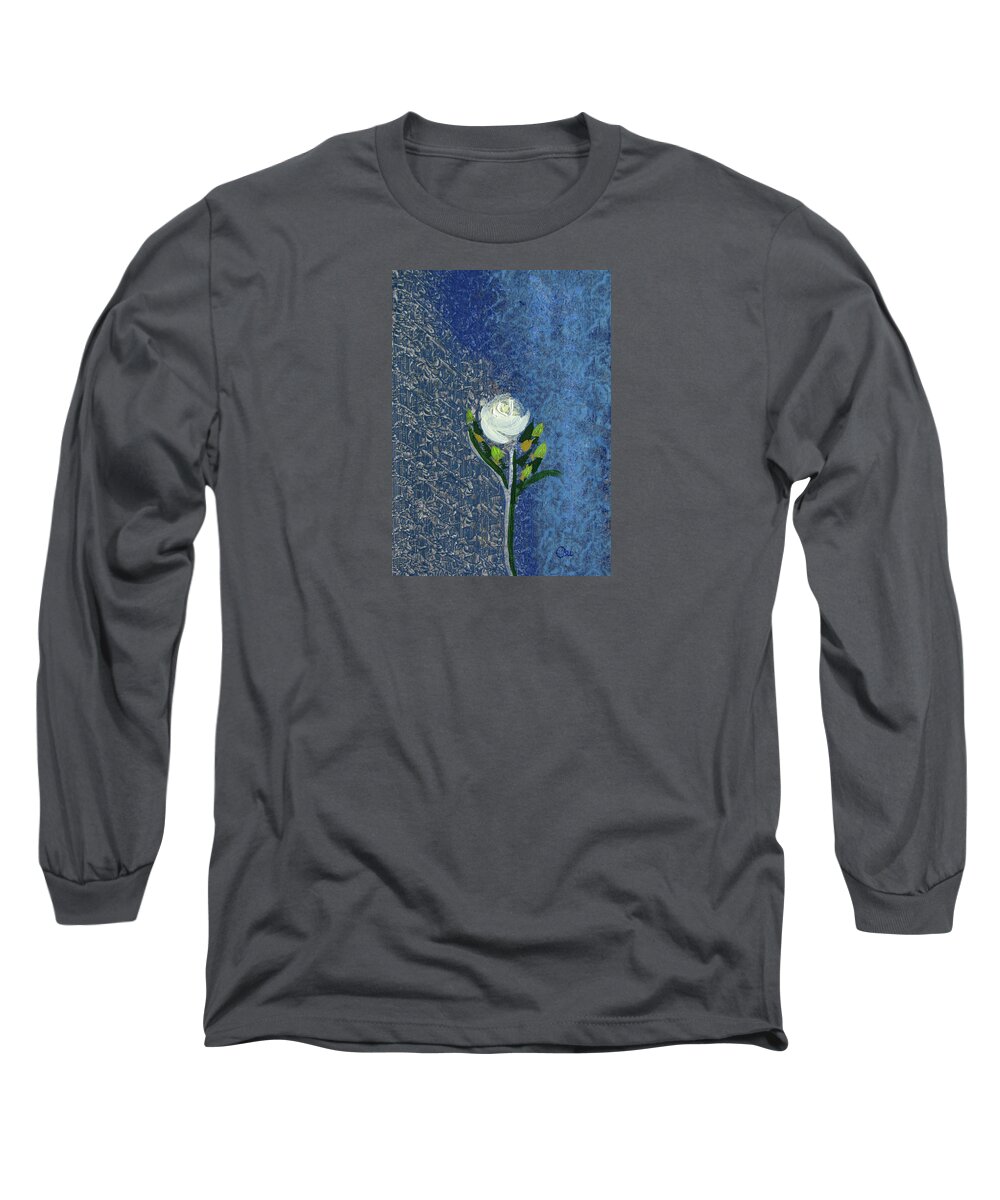 Rose Long Sleeve T-Shirt featuring the painting Single White Rose on Blue by Corinne Carroll
