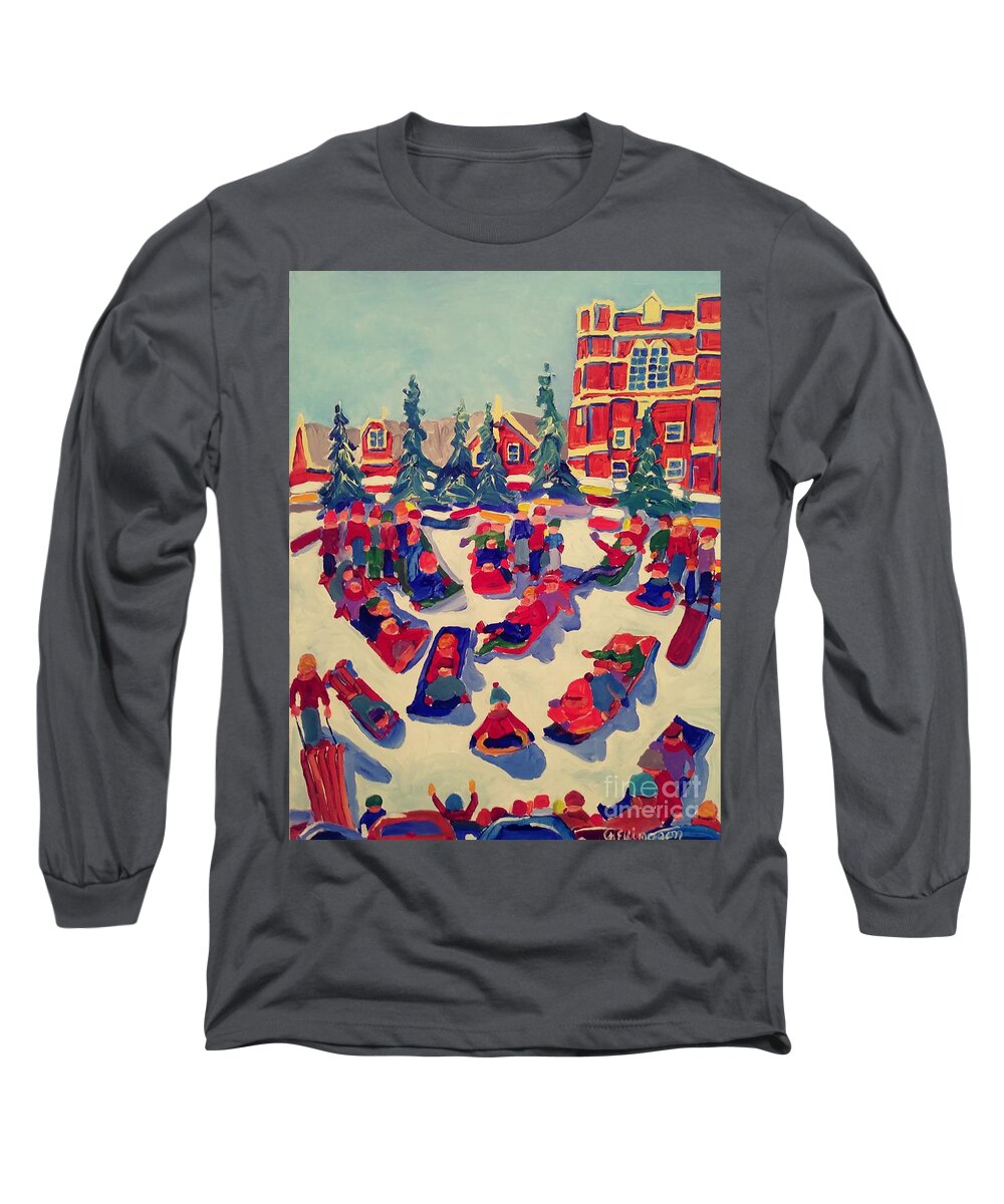 Sled Long Sleeve T-Shirt featuring the painting Sledding Hill by Rodger Ellingson