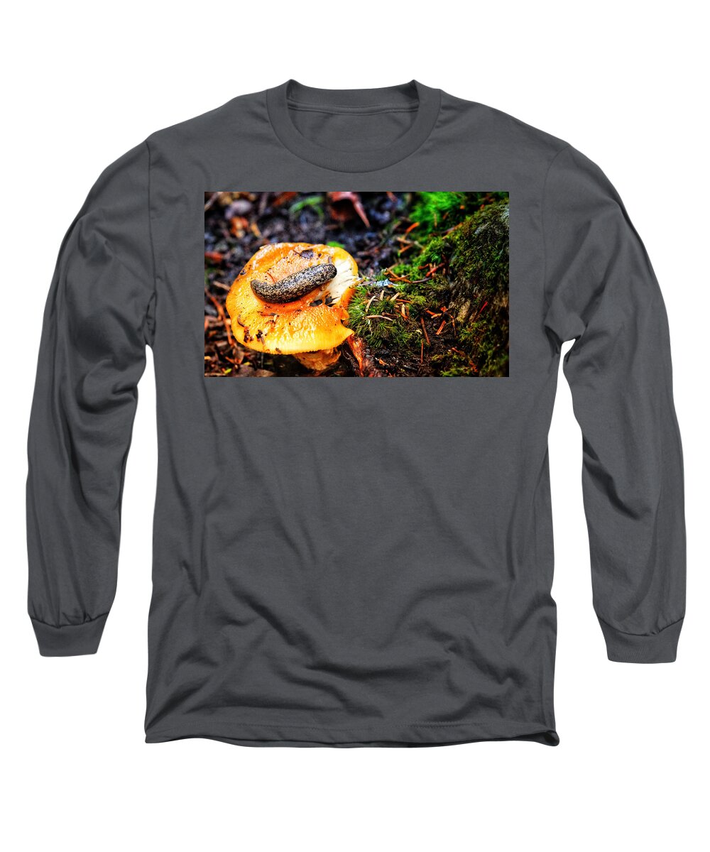 Photo Long Sleeve T-Shirt featuring the photograph Slug on Mushroom by Evan Foster