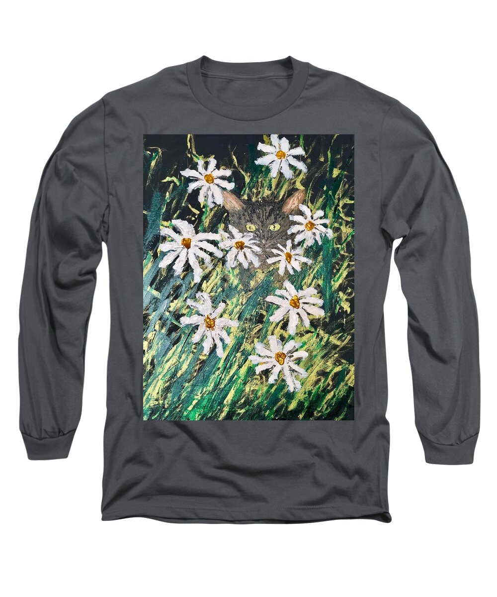 Cats Long Sleeve T-Shirt featuring the painting Smell the Flowers by Bethany Beeler