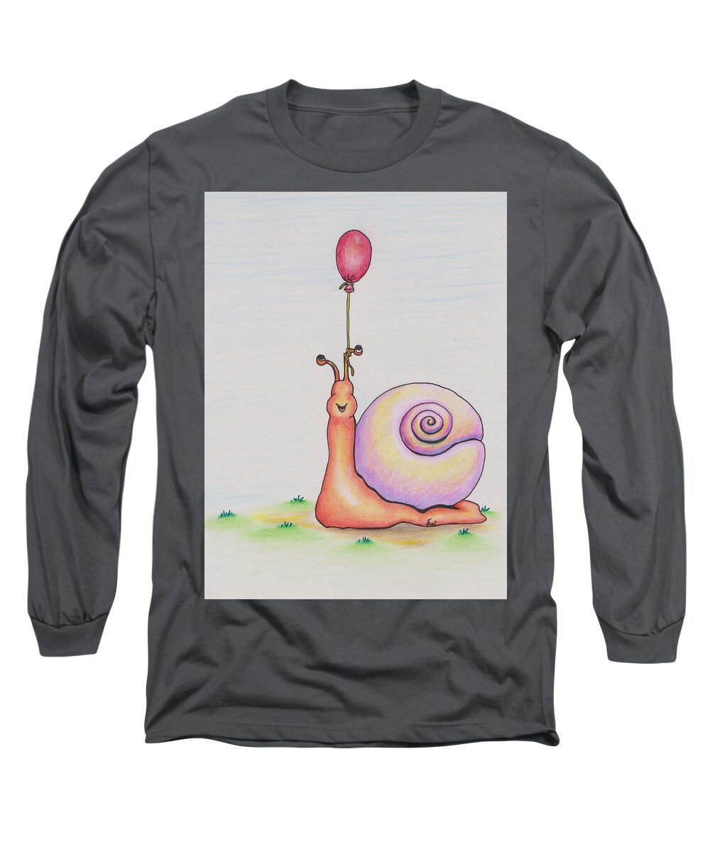 Snail Long Sleeve T-Shirt featuring the drawing Snail With Red Balloon by Vicki Noble