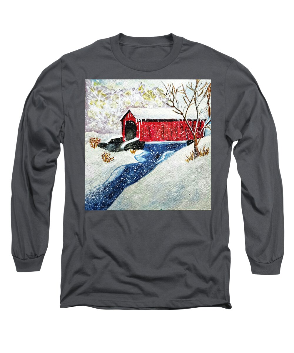 Snowy Long Sleeve T-Shirt featuring the painting Snowy Covered Bridge by Shady Lane Studios-Karen Howard