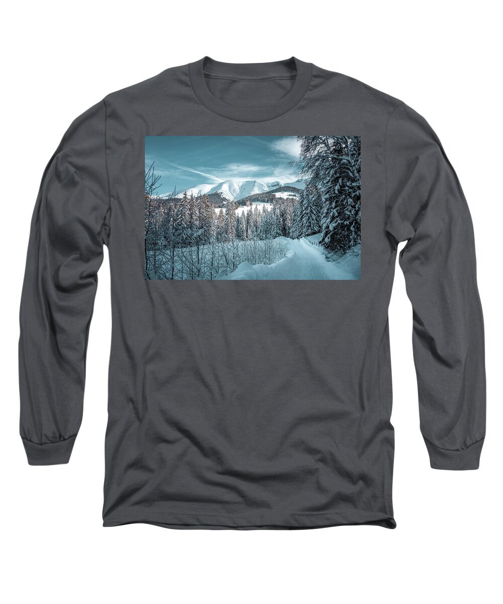 Geneva Long Sleeve T-Shirt featuring the photograph Snowy road in the French Alps by Benoit Bruchez