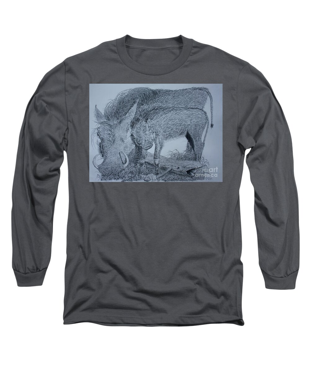 Warthog Long Sleeve T-Shirt featuring the drawing Snuggle by David Joyner
